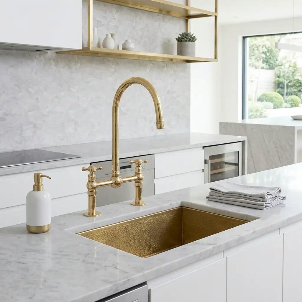 Unlacquered Solid Brass Bridge Faucet, Vintage Kitchen Sink Tap - handcrafted luxury Kitchen Faucets for kitchen and bathroom interiors by Brooklyn Brass