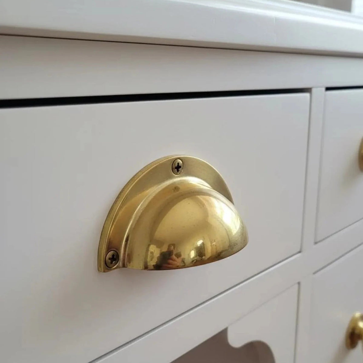 Unlacquered Solid Brass Cup Pull - handcrafted luxury Hardware and Drains for kitchen and bathroom interiors by Brooklyn Brass