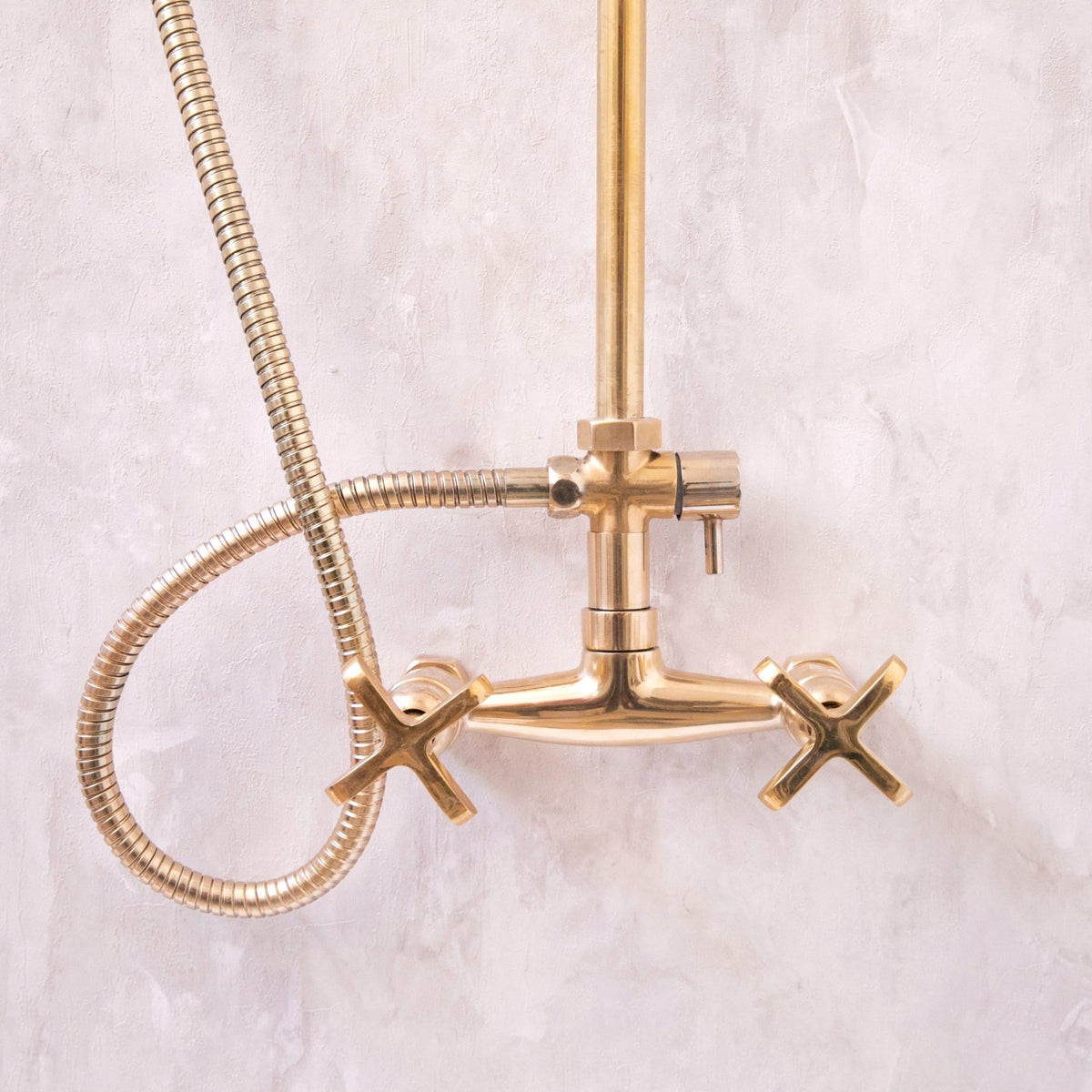 Unlacquered Solid Brass Exposed Shower System with Handheld and Curved Arm Shower - handcrafted luxury Showers for kitchen and bathroom interiors by Brooklyn Brass