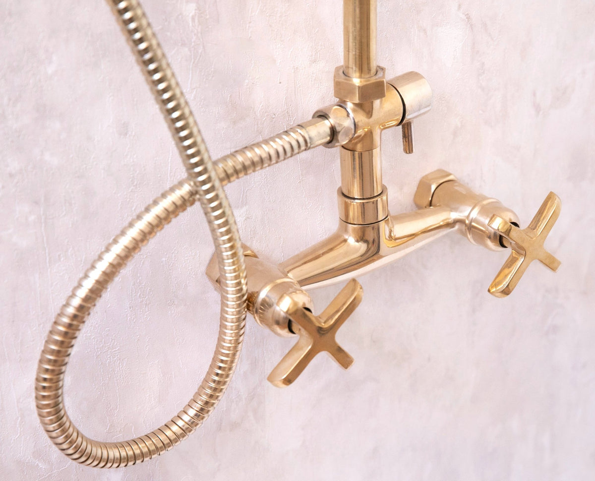 Unlacquered Solid Brass Exposed Shower System with Handheld and Curved Arm Shower - handcrafted luxury Showers for kitchen and bathroom interiors by Brooklyn Brass
