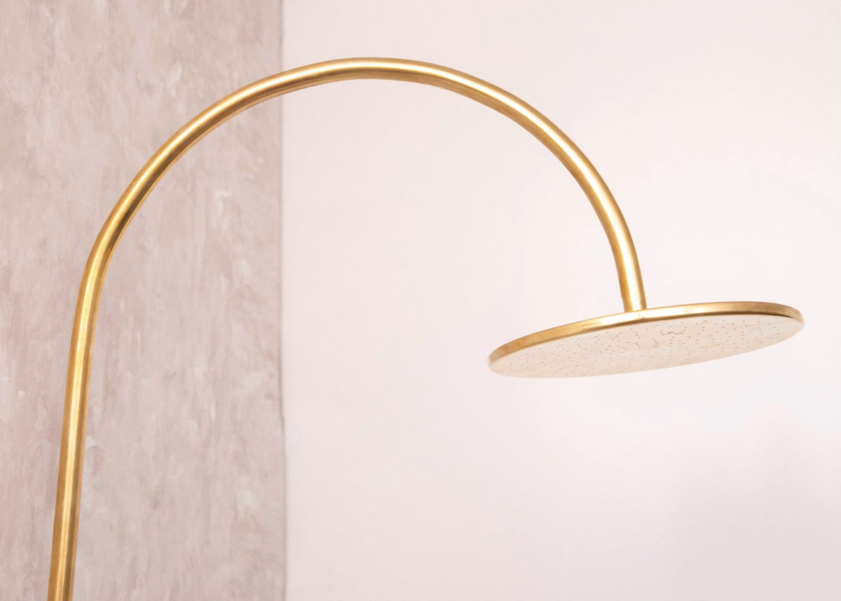 Unlacquered Solid Brass Exposed Shower System with Handheld and Curved Arm Shower - handcrafted luxury Showers for kitchen and bathroom interiors by Brooklyn Brass
