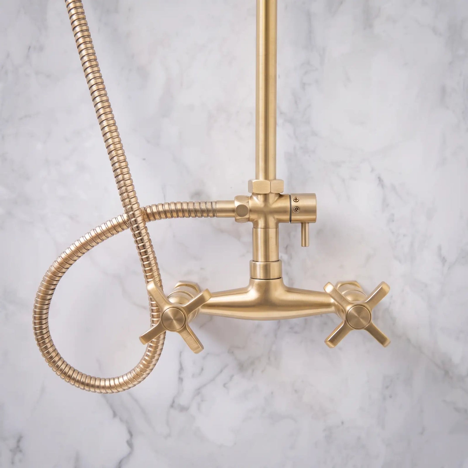 Unlacquered Solid Brass Exposed Shower System with Handheld and Curved Arm Shower - handcrafted luxury Showers for kitchen and bathroom interiors by Brooklyn Brass