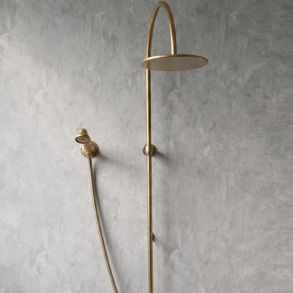 Unlacquered Solid Brass Exposed Shower System with Handheld and Curved Arm Shower - handcrafted luxury Showers for kitchen and bathroom interiors by Brooklyn Brass