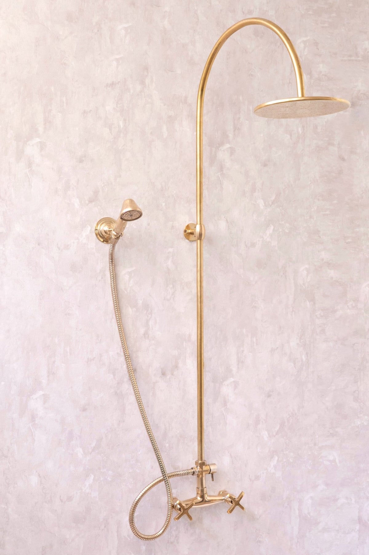 Unlacquered Solid Brass Exposed Shower System with Handheld and Curved Arm Shower - handcrafted luxury Showers for kitchen and bathroom interiors by Brooklyn Brass