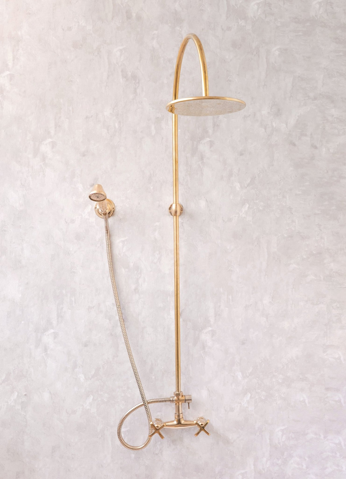 Unlacquered Solid Brass Exposed Shower System with Handheld and Curved Arm Shower - handcrafted luxury Showers for kitchen and bathroom interiors by Brooklyn Brass