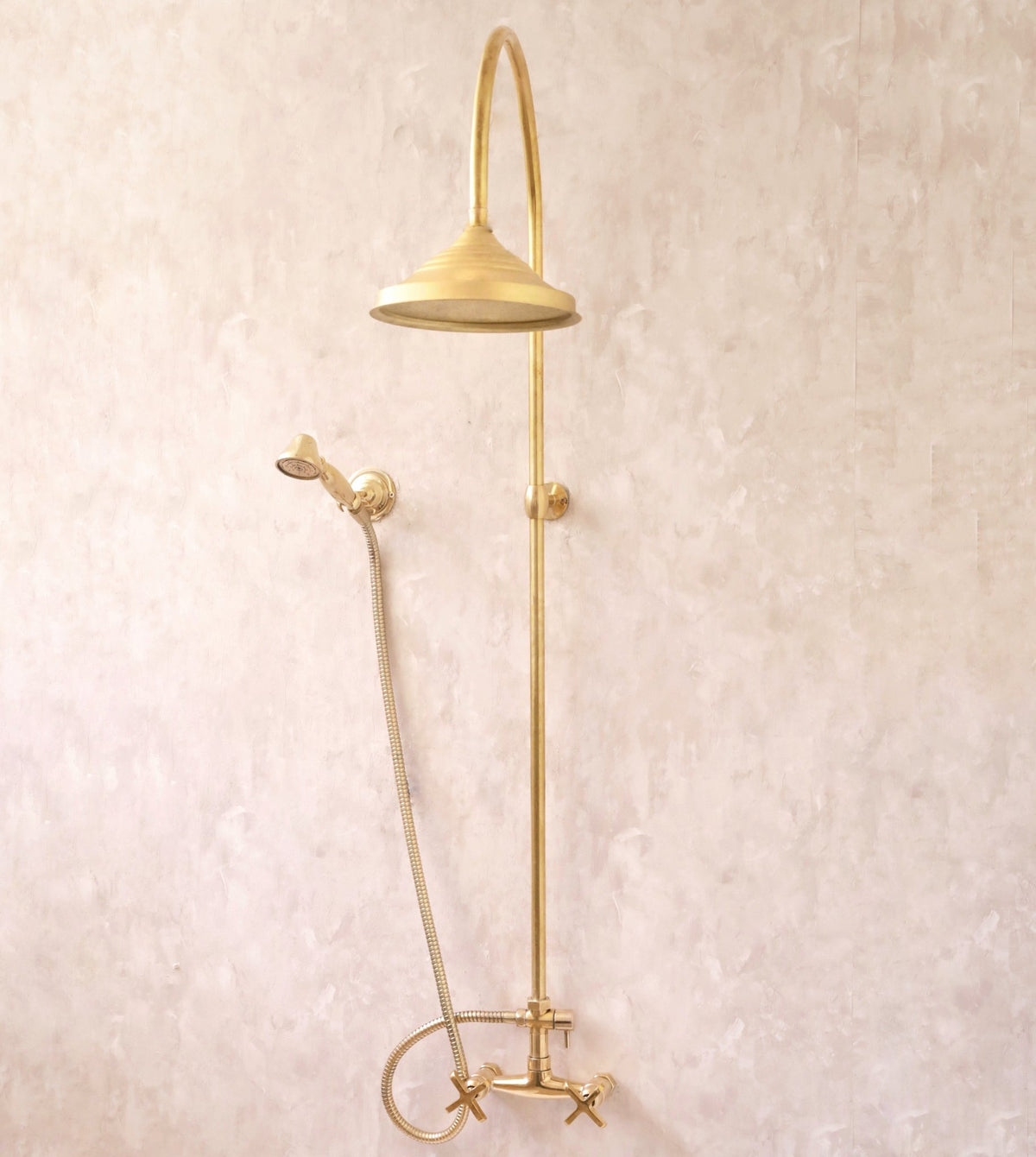 Unlacquered Solid Brass Exposed Shower System with Handheld and Curved Arm Shower - handcrafted luxury Showers for kitchen and bathroom interiors by Brooklyn Brass