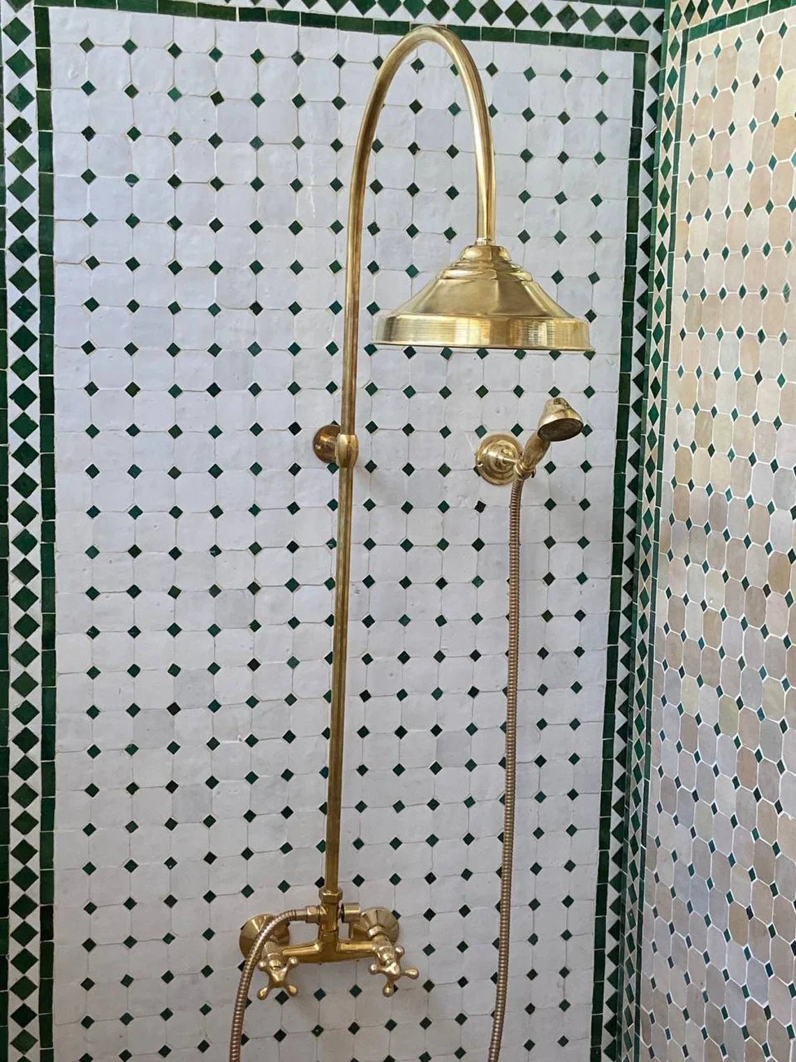Unlacquered Solid Brass Exposed Shower System with Handheld and Curved Shower Arm - handcrafted luxury Shower Systems for kitchen and bathroom interiors by Brooklyn Brass