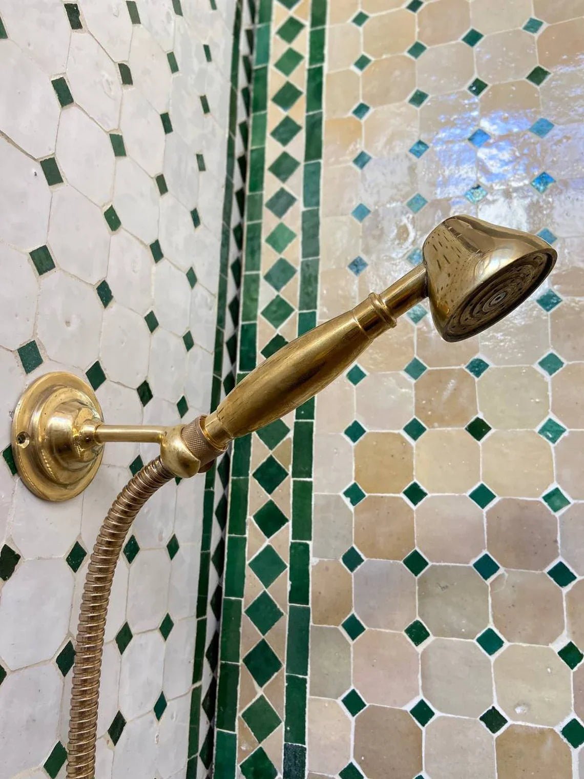 Unlacquered Solid Brass Exposed Shower System with Handheld and Curved Shower Arm - handcrafted luxury Shower Systems for kitchen and bathroom interiors by Brooklyn Brass