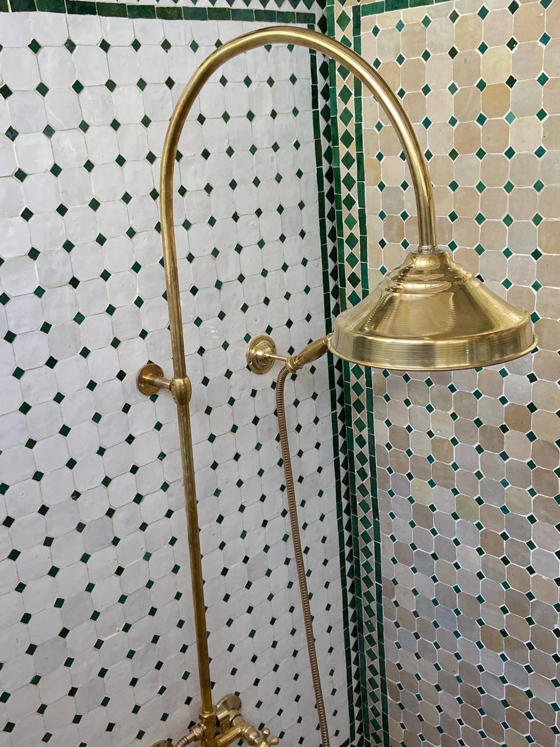 Unlacquered Solid Brass Exposed Shower System with Handheld and Curved Shower Arm - handcrafted luxury Shower Systems for kitchen and bathroom interiors by Brooklyn Brass