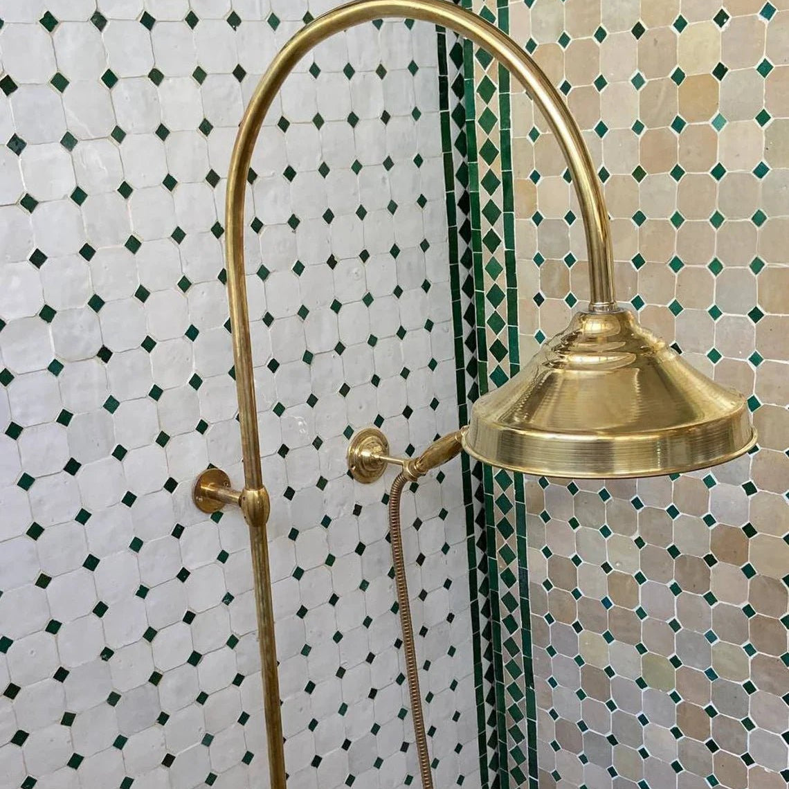 Unlacquered Solid Brass Exposed Shower System with Handheld and Curved Shower Arm - handcrafted luxury Shower Systems for kitchen and bathroom interiors by Brooklyn Brass