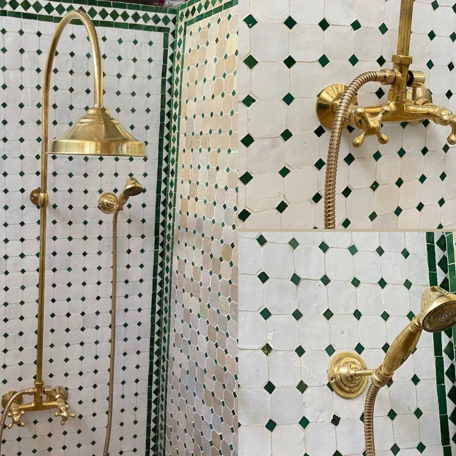 Unlacquered Solid Brass Exposed Shower System with Handheld and Curved Shower Arm - handcrafted luxury Shower Systems for kitchen and bathroom interiors by Brooklyn Brass