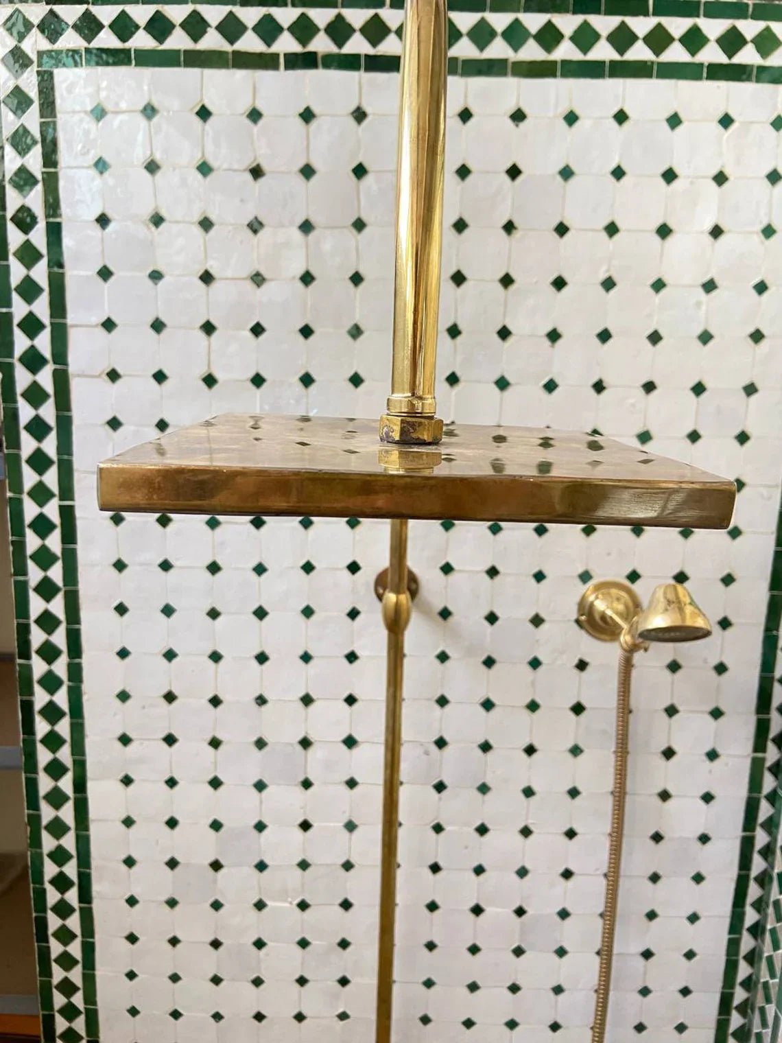 Unlacquered Solid Brass Exposed Shower System with Handheld and Curved Shower Arm - handcrafted luxury Shower Systems for kitchen and bathroom interiors by Brooklyn Brass
