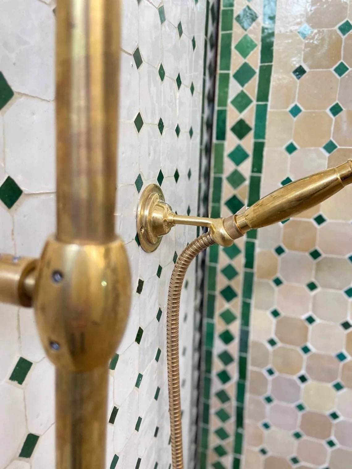 Unlacquered Solid Brass Exposed Shower System with Handheld and Curved Shower Arm - handcrafted luxury Shower Systems for kitchen and bathroom interiors by Brooklyn Brass