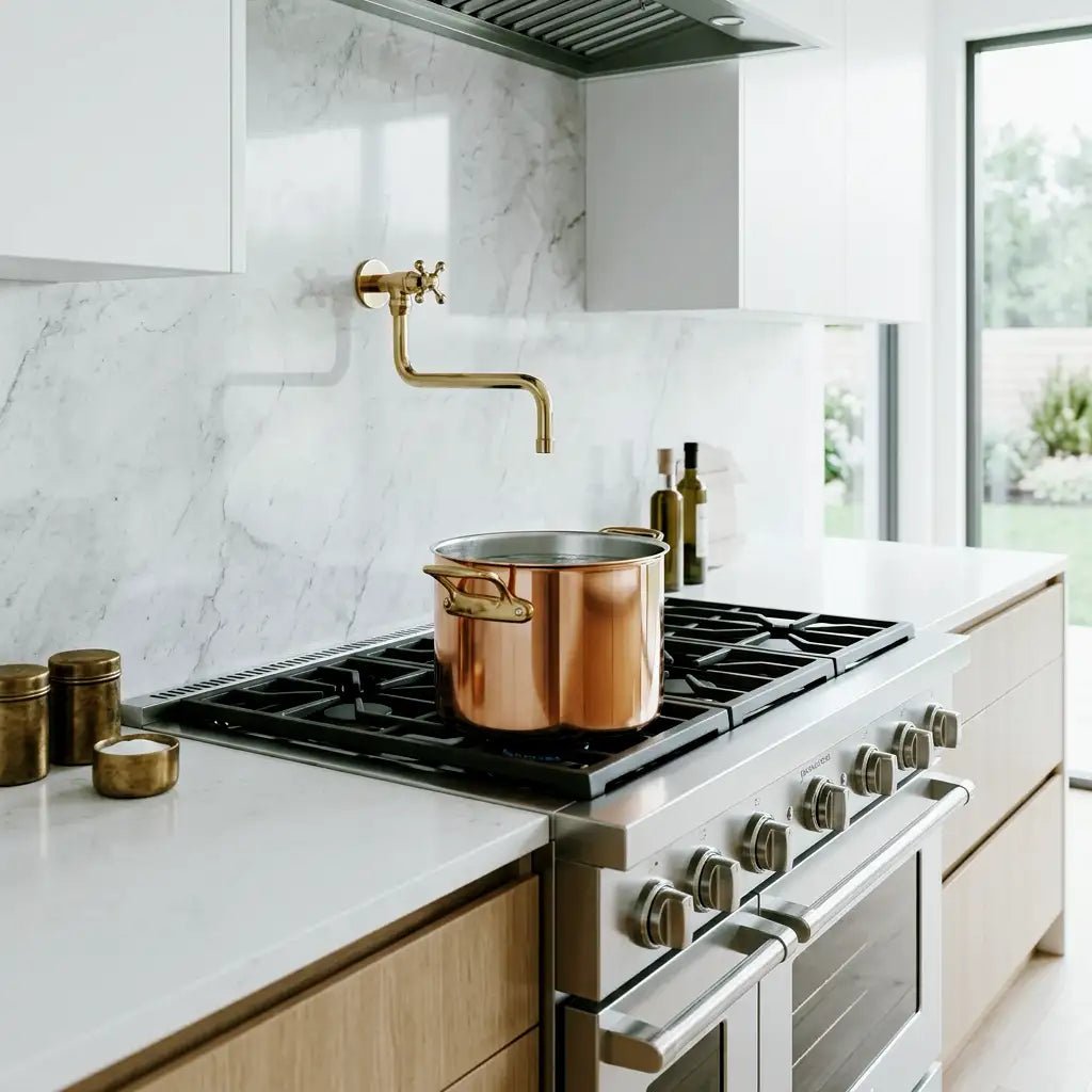 Unlacquered Solid Brass Pot Filler Faucet - Wall Mounted Kitchen Stove Pot - handcrafted luxury Kitchen Faucets for kitchen and bathroom interiors by Brooklyn Brass