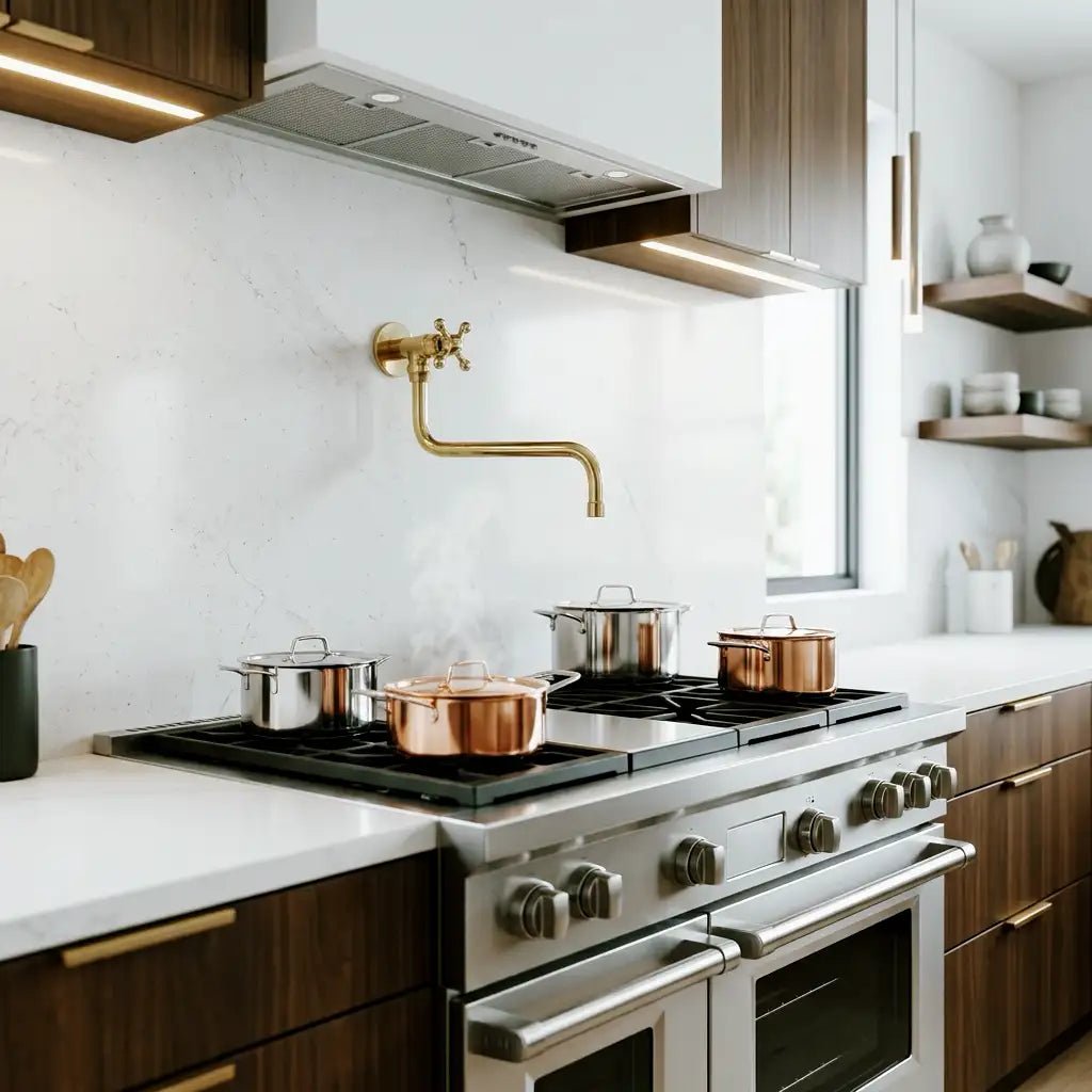 Unlacquered Solid Brass Pot Filler Faucet - Wall Mounted Kitchen Stove Pot - handcrafted luxury Kitchen Faucets for kitchen and bathroom interiors by Brooklyn Brass