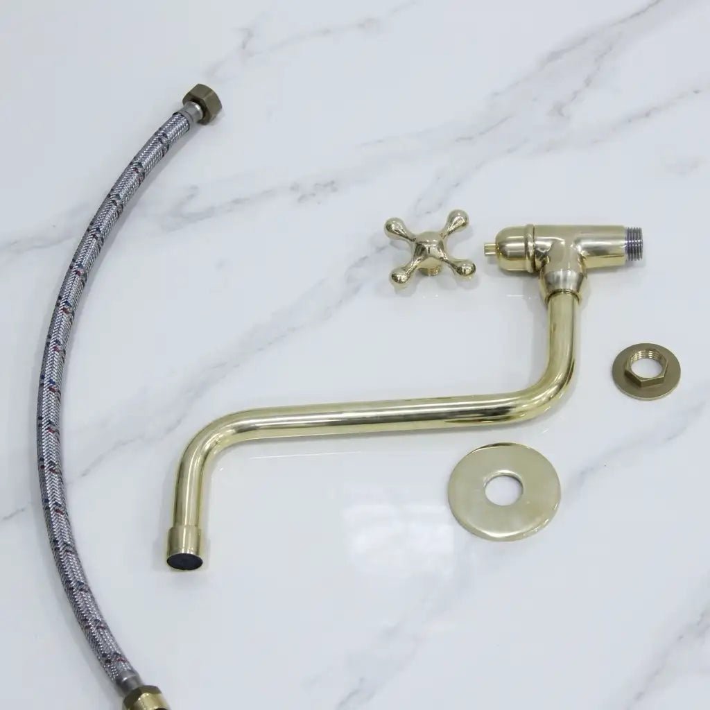 Unlacquered Solid Brass Pot Filler Faucet - Wall Mounted Kitchen Stove Pot - handcrafted luxury Kitchen Faucets for kitchen and bathroom interiors by Brooklyn Brass