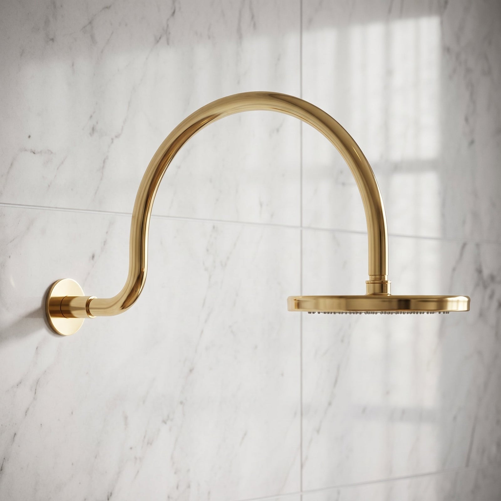 Unlacquered Solid Brass Shower System, High Pressure Curved Arm - handcrafted luxury Showers for kitchen and bathroom interiors by Brooklyn Brass