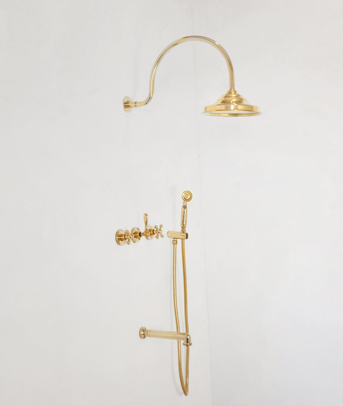 Unlacquered Solid Brass Shower System, High Pressure Curved Arm - handcrafted luxury Showers for kitchen and bathroom interiors by Brooklyn Brass