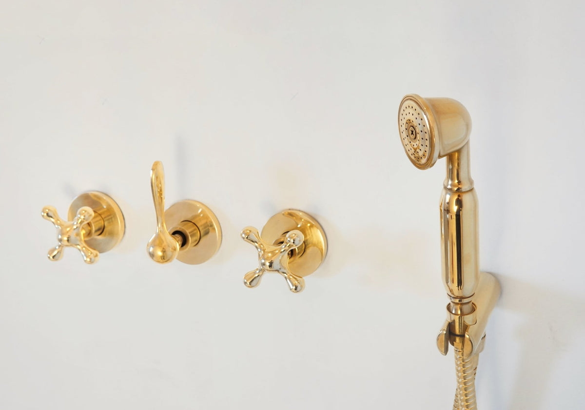 Unlacquered Solid Brass Shower System, High Pressure Curved Arm - handcrafted luxury Showers for kitchen and bathroom interiors by Brooklyn Brass