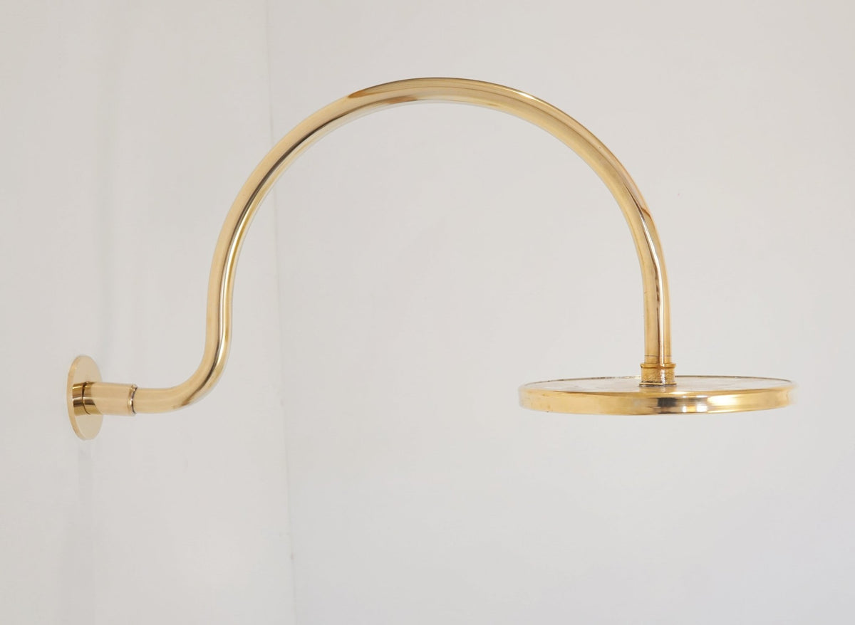 Unlacquered Solid Brass Shower System, High Pressure Curved Arm - handcrafted luxury Showers for kitchen and bathroom interiors by Brooklyn Brass