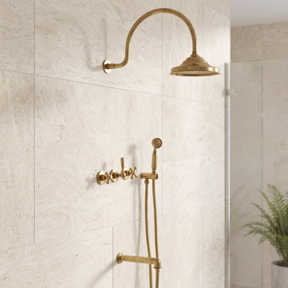 Unlacquered Solid Brass Shower System, High Pressure Curved Arm - handcrafted luxury Showers for kitchen and bathroom interiors by Brooklyn Brass