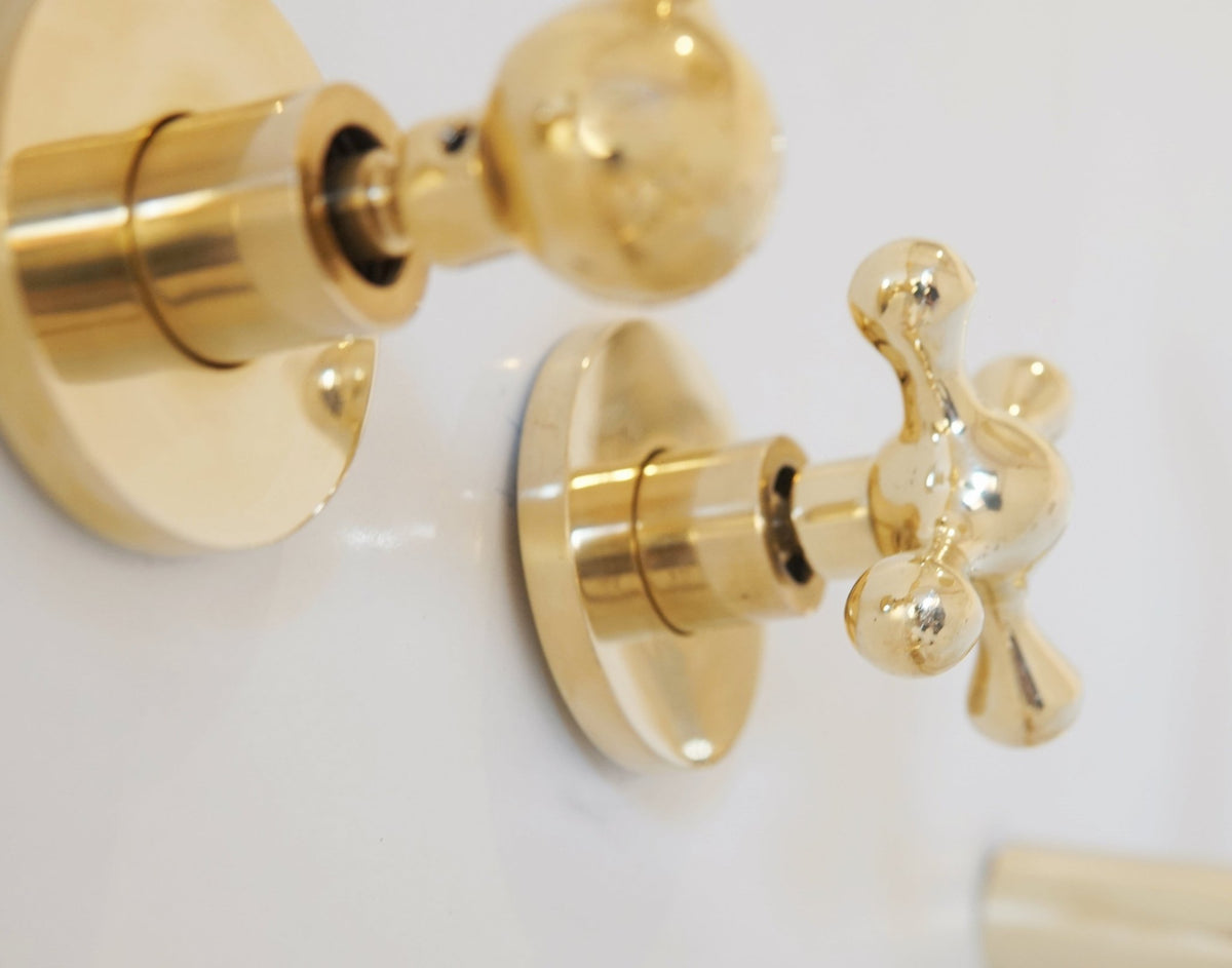 Unlacquered Solid Brass Shower System, High Pressure Curved Arm - handcrafted luxury Showers for kitchen and bathroom interiors by Brooklyn Brass
