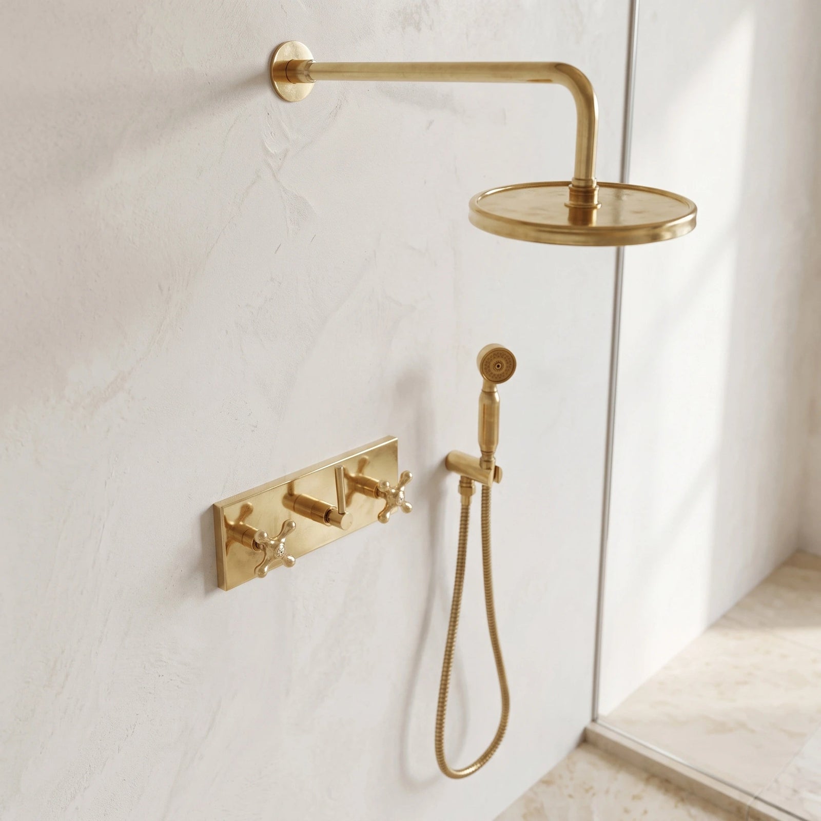 Unlacquered Solid Brass Shower System, Rainfall And Handheld Shower Set - handcrafted luxury Showers for kitchen and bathroom interiors by Brooklyn Brass