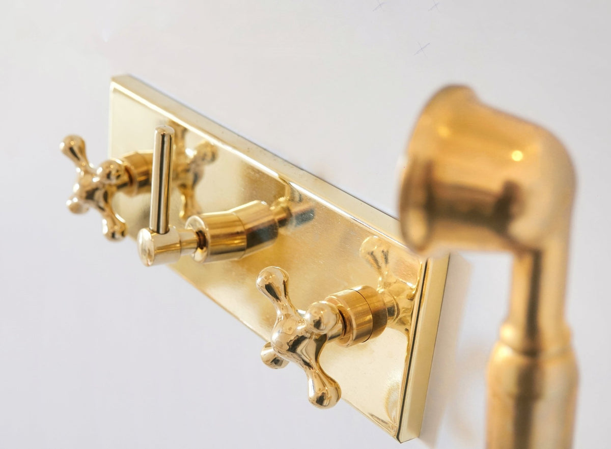Unlacquered Solid Brass Shower System, Rainfall And Handheld Shower Set - handcrafted luxury Showers for kitchen and bathroom interiors by Brooklyn Brass