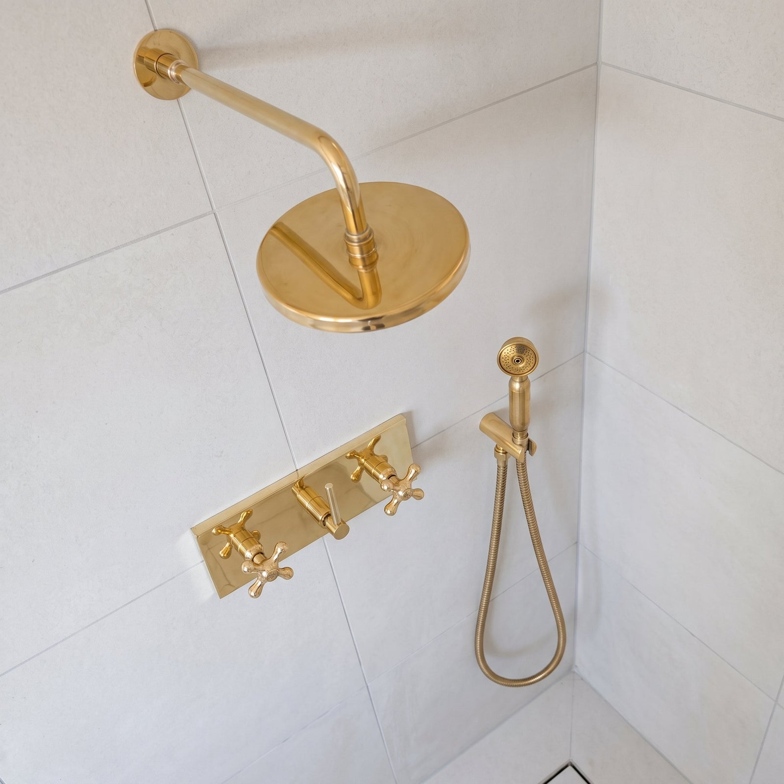 Unlacquered Solid Brass Shower System, Rainfall And Handheld Shower Set - handcrafted luxury Showers for kitchen and bathroom interiors by Brooklyn Brass