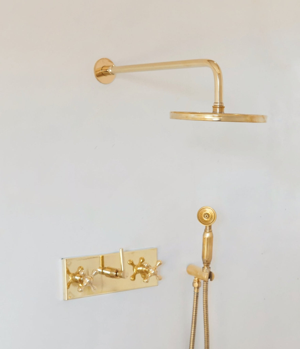 Unlacquered Solid Brass Shower System, Rainfall And Handheld Shower Set - handcrafted luxury Showers for kitchen and bathroom interiors by Brooklyn Brass