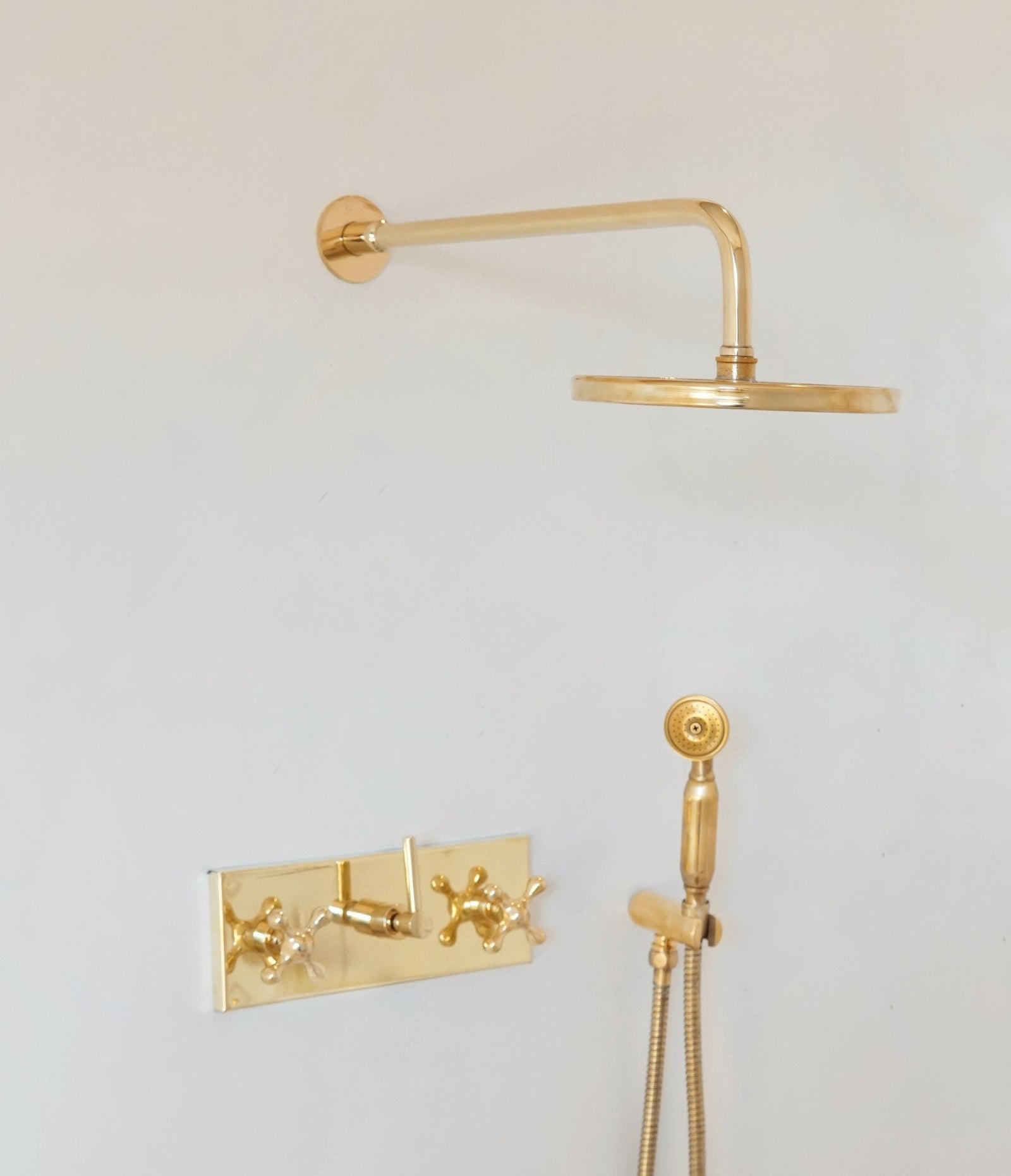 Unlacquered Solid Brass Shower System, Rainfall And Handheld Shower Set - handcrafted luxury Showers for kitchen and bathroom interiors by Brooklyn Brass