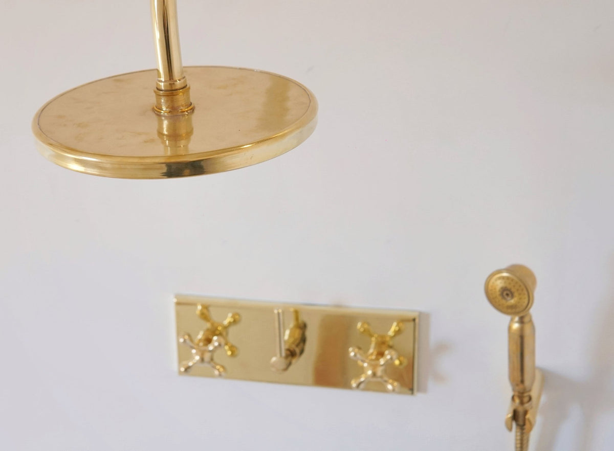 Unlacquered Solid Brass Shower System, Rainfall And Handheld Shower Set - handcrafted luxury Showers for kitchen and bathroom interiors by Brooklyn Brass