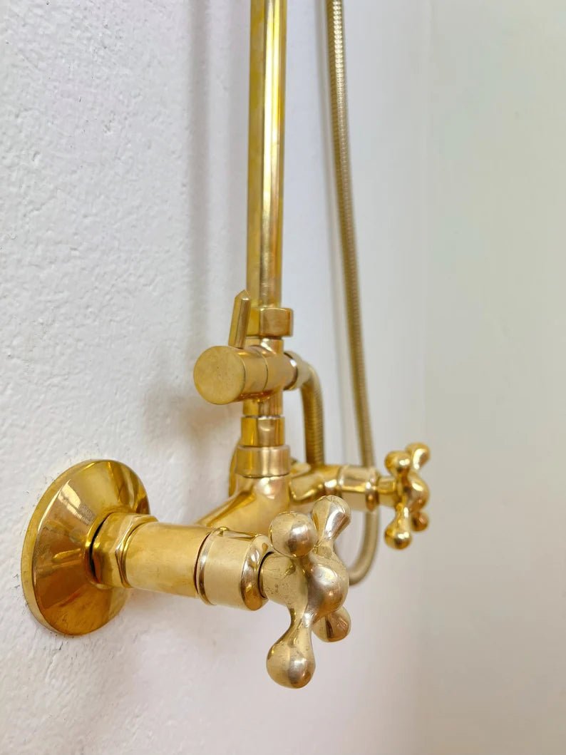 Unlacquered Solid Brass Shower System with Handheld - Exposed High Pressure Shower - handcrafted luxury Showers for kitchen and bathroom interiors by Brooklyn Brass