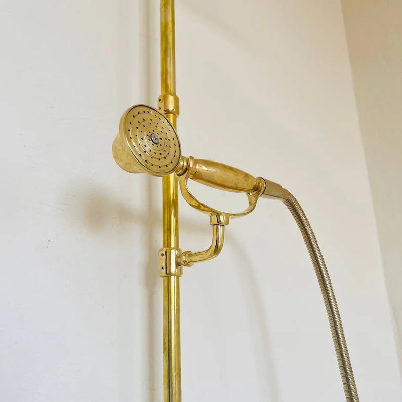 Unlacquered Solid Brass Shower System with Handheld - Exposed High Pressure Shower - handcrafted luxury Showers for kitchen and bathroom interiors by Brooklyn Brass