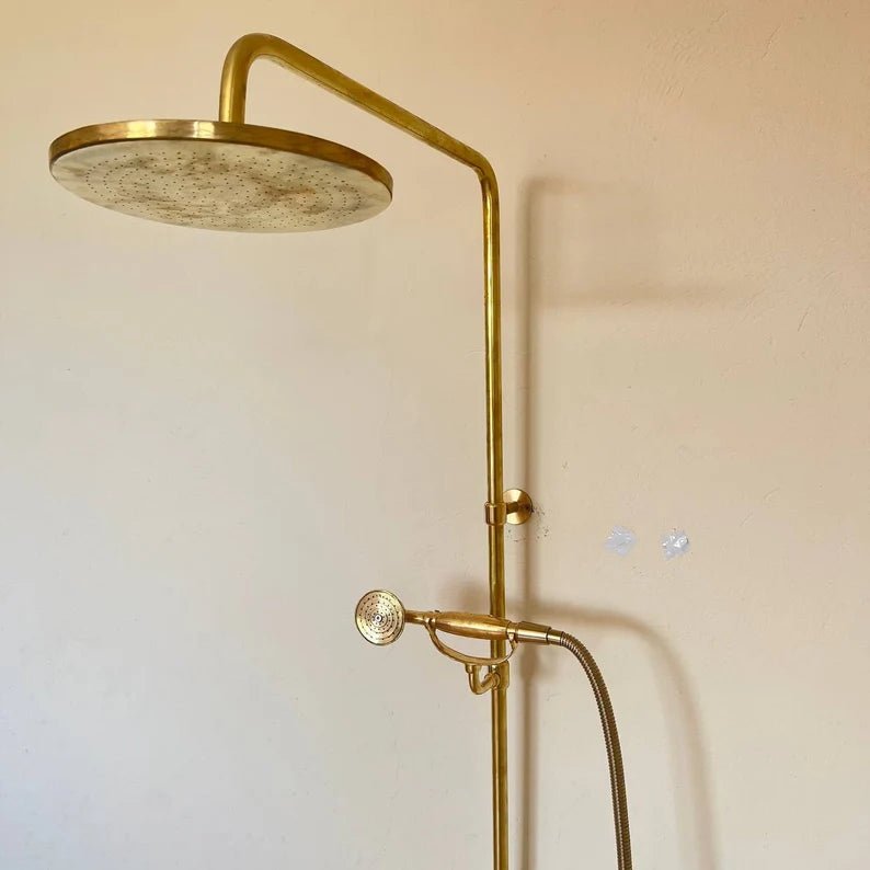 Unlacquered Solid Brass Shower System with Handheld - Exposed High Pressure Shower - handcrafted luxury Showers for kitchen and bathroom interiors by Brooklyn Brass