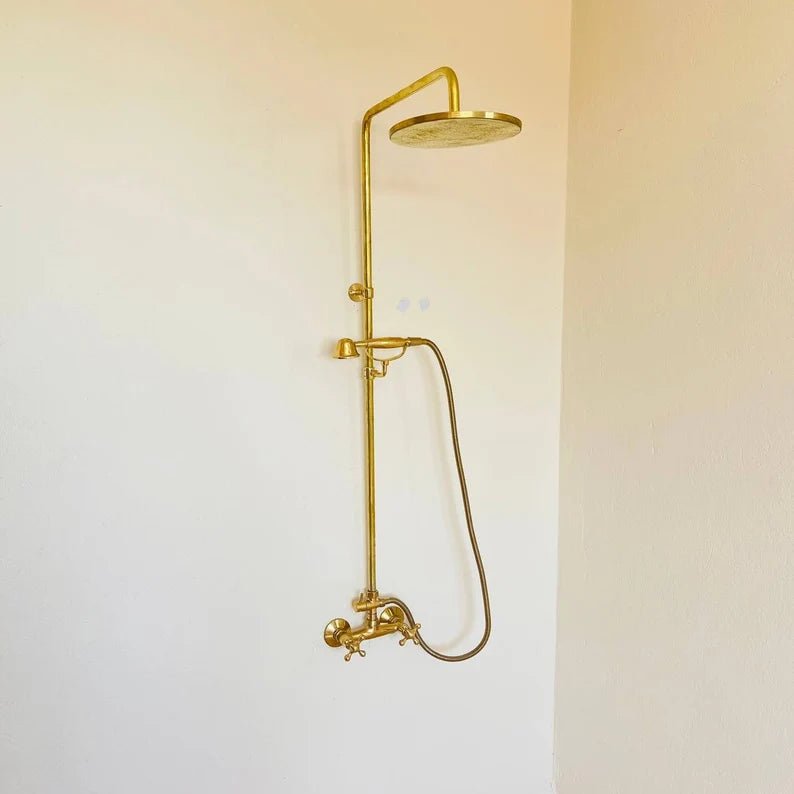 Unlacquered Solid Brass Shower System with Handheld - Exposed High Pressure Shower - handcrafted luxury Showers for kitchen and bathroom interiors by Brooklyn Brass