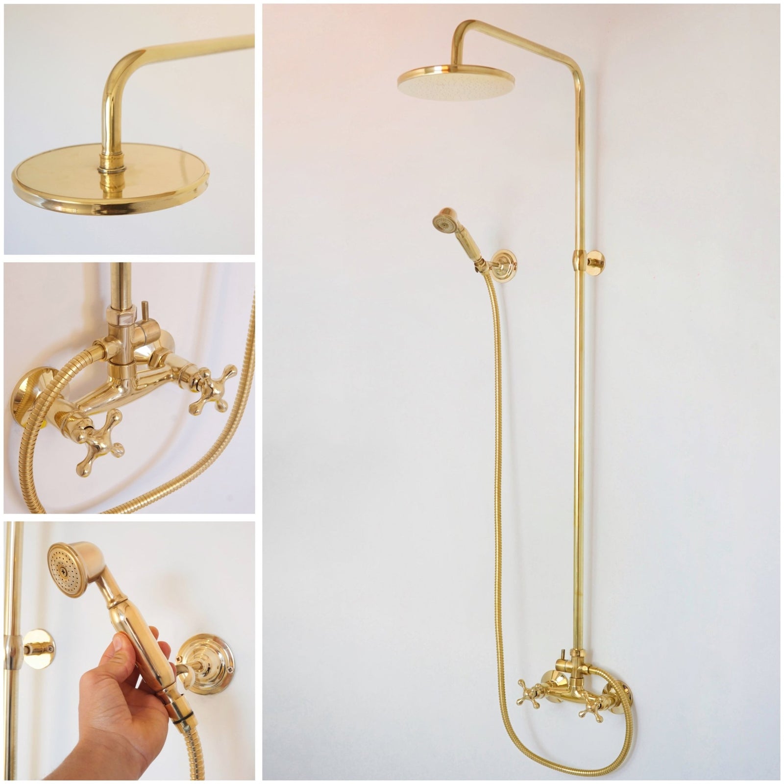 Unlacquered Solid Brass Shower System with Handheld - Exposed High Pressure Shower - handcrafted luxury Showers for kitchen and bathroom interiors by Brooklyn Brass