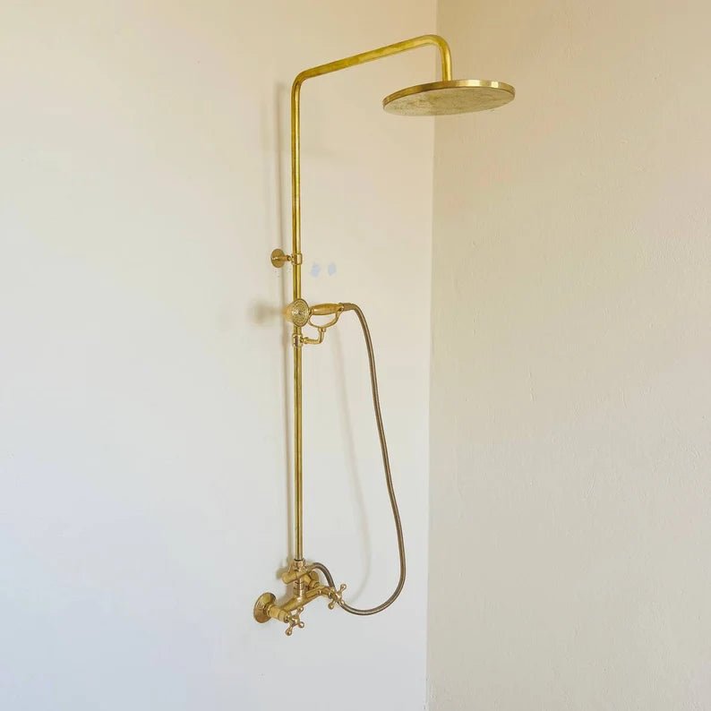 Unlacquered Solid Brass Shower System with Handheld - Exposed High Pressure Shower - handcrafted luxury Showers for kitchen and bathroom interiors by Brooklyn Brass