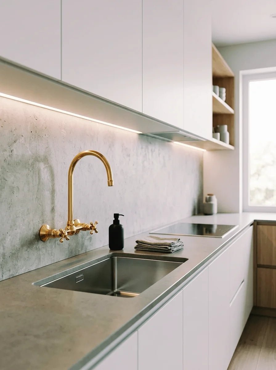 Unlacquered Wall Mounted Brass Gooseneck Faucet for Bathroom and Kitchen - handcrafted luxury Kitchen Faucets for kitchen and bathroom interiors by Brooklyn Brass