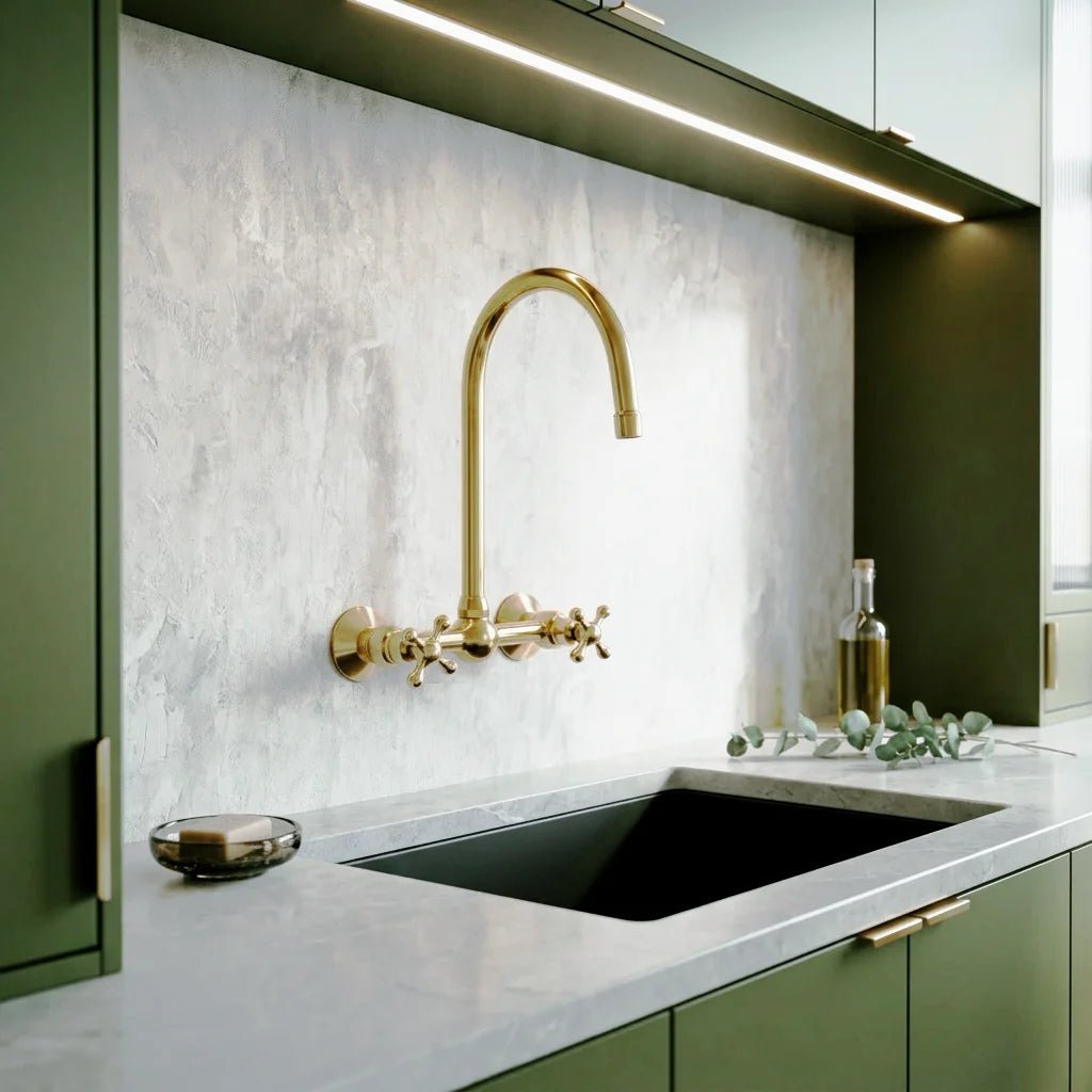 Unlacquered Wall Mounted Brass Gooseneck Faucet for Bathroom and Kitchen - handcrafted luxury Kitchen Faucets for kitchen and bathroom interiors by Brooklyn Brass