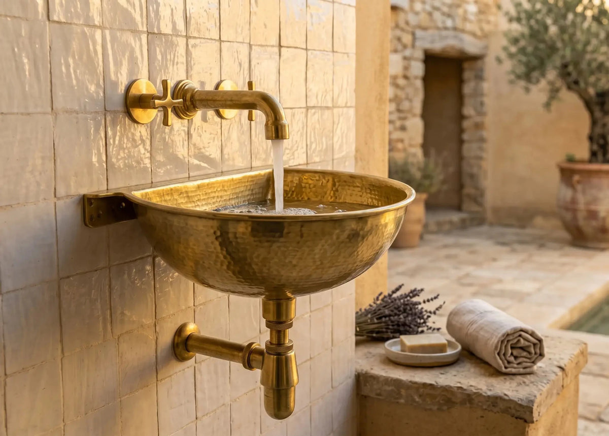 Vintage Brass Wall Mounted Sink with Unlacquered Brass Faucet - handcrafted luxury Bathroom Sinks for kitchen and bathroom interiors by Brooklyn Brass