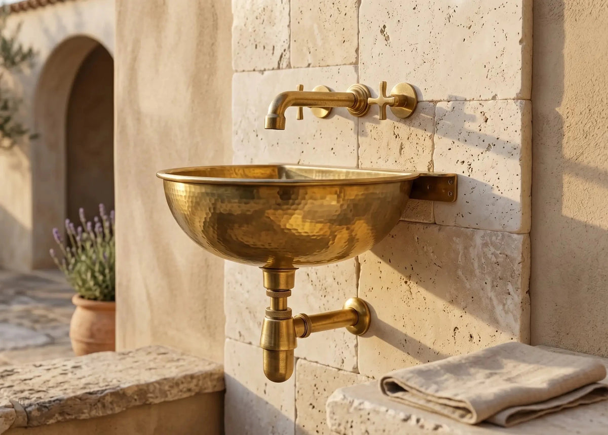 Vintage Brass Wall Mounted Sink with Unlacquered Brass Faucet - handcrafted luxury Bathroom Sinks for kitchen and bathroom interiors by Brooklyn Brass