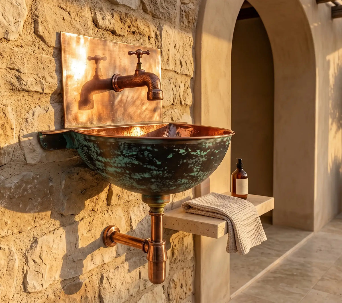Copper Wall Mounted Bathroom Sink With Copper Mixer Faucet