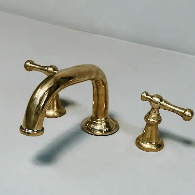 Widespread 3 Holes Solid Unlacquered Brass Faucet, Antique Brass Bathroom Tap - handcrafted luxury Bathroom Faucets for kitchen and bathroom interiors by Brooklyn Brass