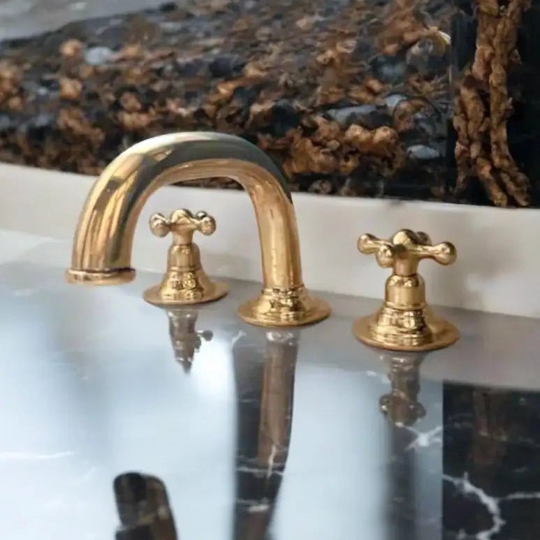 Widespread 3 Holes Solid Unlacquered Brass Faucet, Antique Brass Bathroom Tap - handcrafted luxury Bathroom Faucets for kitchen and bathroom interiors by Brooklyn Brass