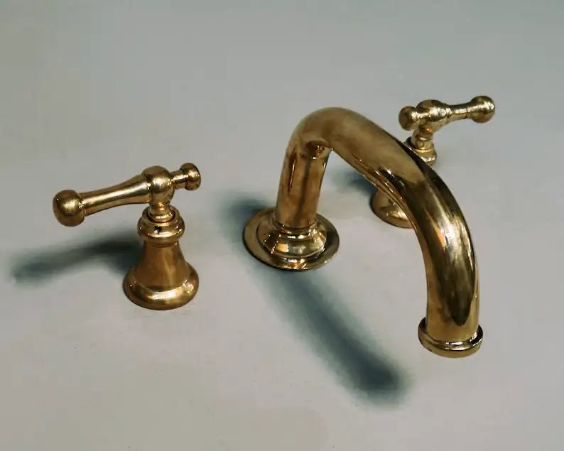 Widespread 3 Holes Solid Unlacquered Brass Faucet, Antique Brass Bathroom Tap - handcrafted luxury Bathroom Faucets for kitchen and bathroom interiors by Brooklyn Brass