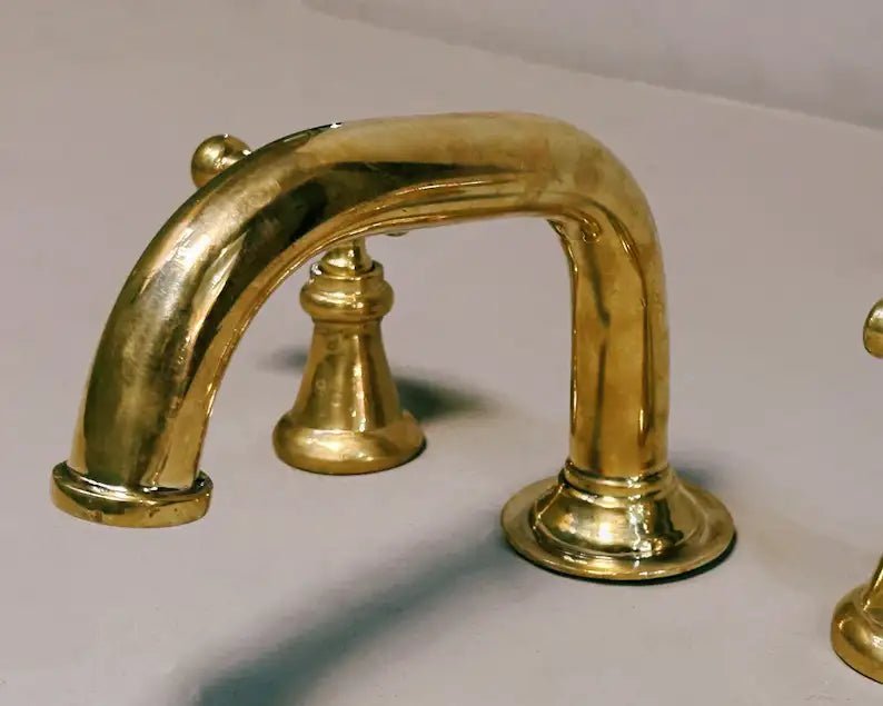 Widespread 3 Holes Solid Unlacquered Brass Faucet, Antique Brass Bathroom Tap - handcrafted luxury Bathroom Faucets for kitchen and bathroom interiors by Brooklyn Brass