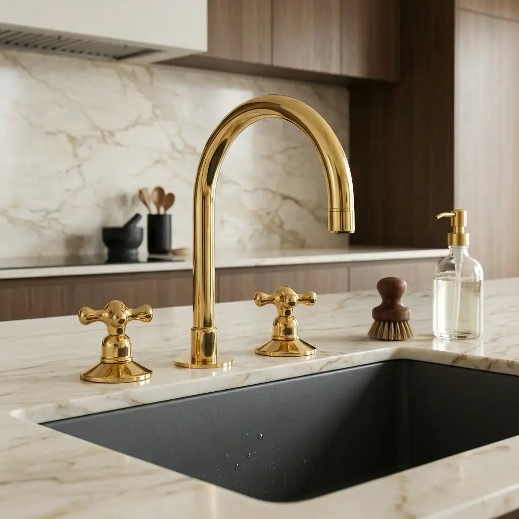 Widespread 3 Holes Solid Unlacquered Brass Faucet, Vanity Sink Bathroom Tap - handcrafted luxury Bathroom Faucets for kitchen and bathroom interiors by Brooklyn Brass