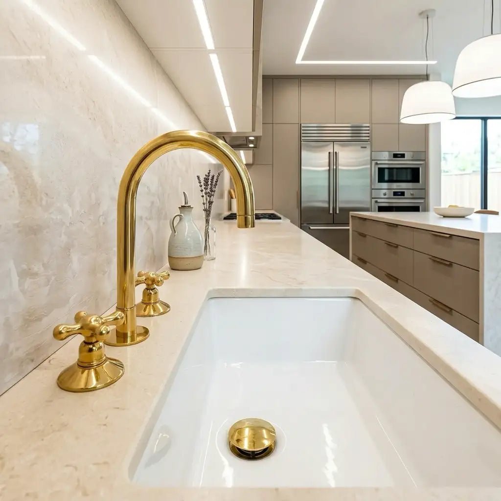 Widespread 3 Holes Solid Unlacquered Brass Faucet, Vanity Sink Bathroom Tap - handcrafted luxury Bathroom Faucets for kitchen and bathroom interiors by Brooklyn Brass