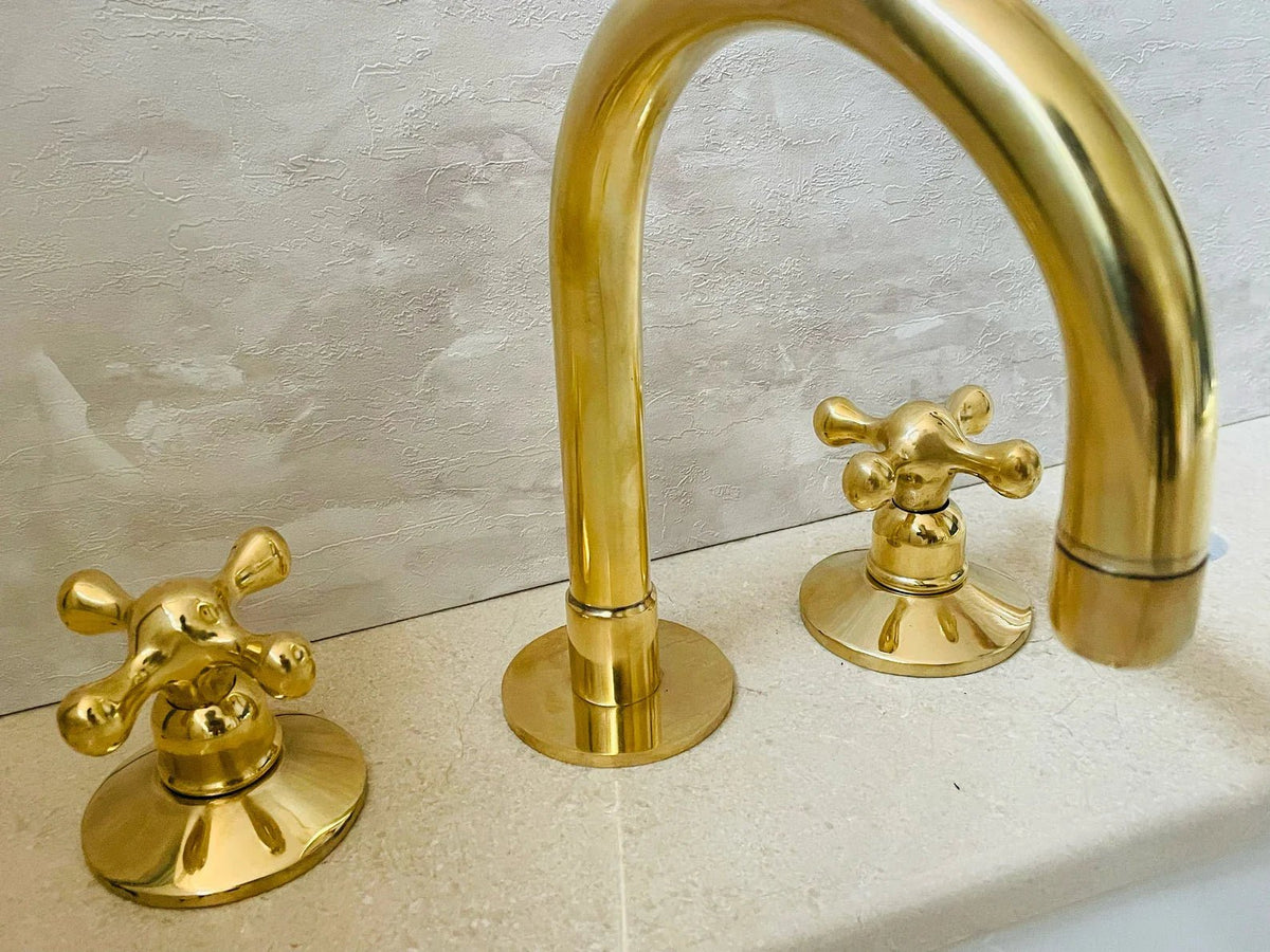 Widespread 3 Holes Solid Unlacquered Brass Faucet, Vanity Sink Bathroom Tap - handcrafted luxury Bathroom Faucets for kitchen and bathroom interiors by Brooklyn Brass